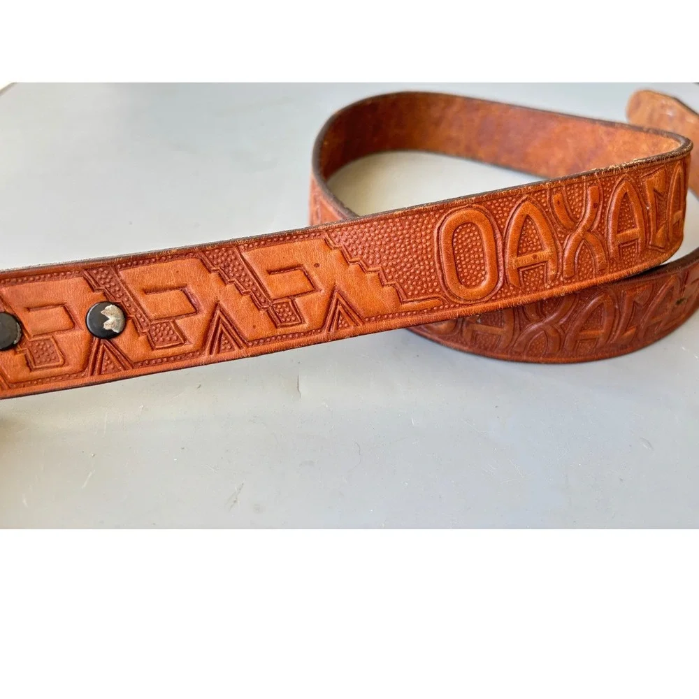 Oaxaca Tooled Leather Belt Brown Geometric Handcrafted Southwestern
